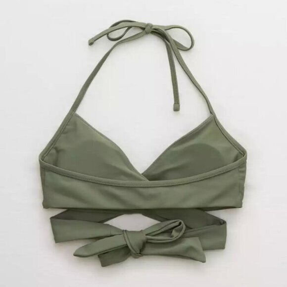 Aerie Wrap Halter Bikini Top and High Cut Cheeky Bikini in Olive Fun Medium - Picture 7 of 11